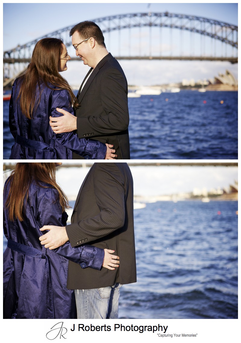 Couple embracing at sunset - pre wedding photography sydney